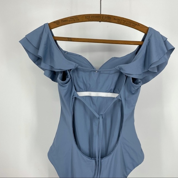 BECCA off the shoulder one piece swim suit blue ruffle small - Picture 4 of 5
